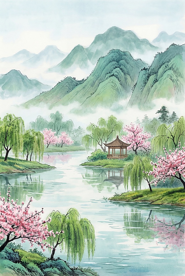 生成与参考图风格、内容相近的春日江南山水风景，青绿色远山，湖面澄澈，湖边有垂柳、盛放的桃花，湖中小岛上有中式古亭，氛围清新雅致