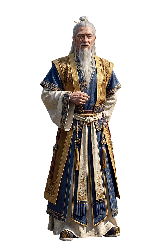根据参考图中的人物服装形象，生成一个完整的古风老年男性人物设定，真人写实摄影，达尔丁效应，细致的毛发，细腻渲染，细节五官，极致细节，丰富细节，远景镜头