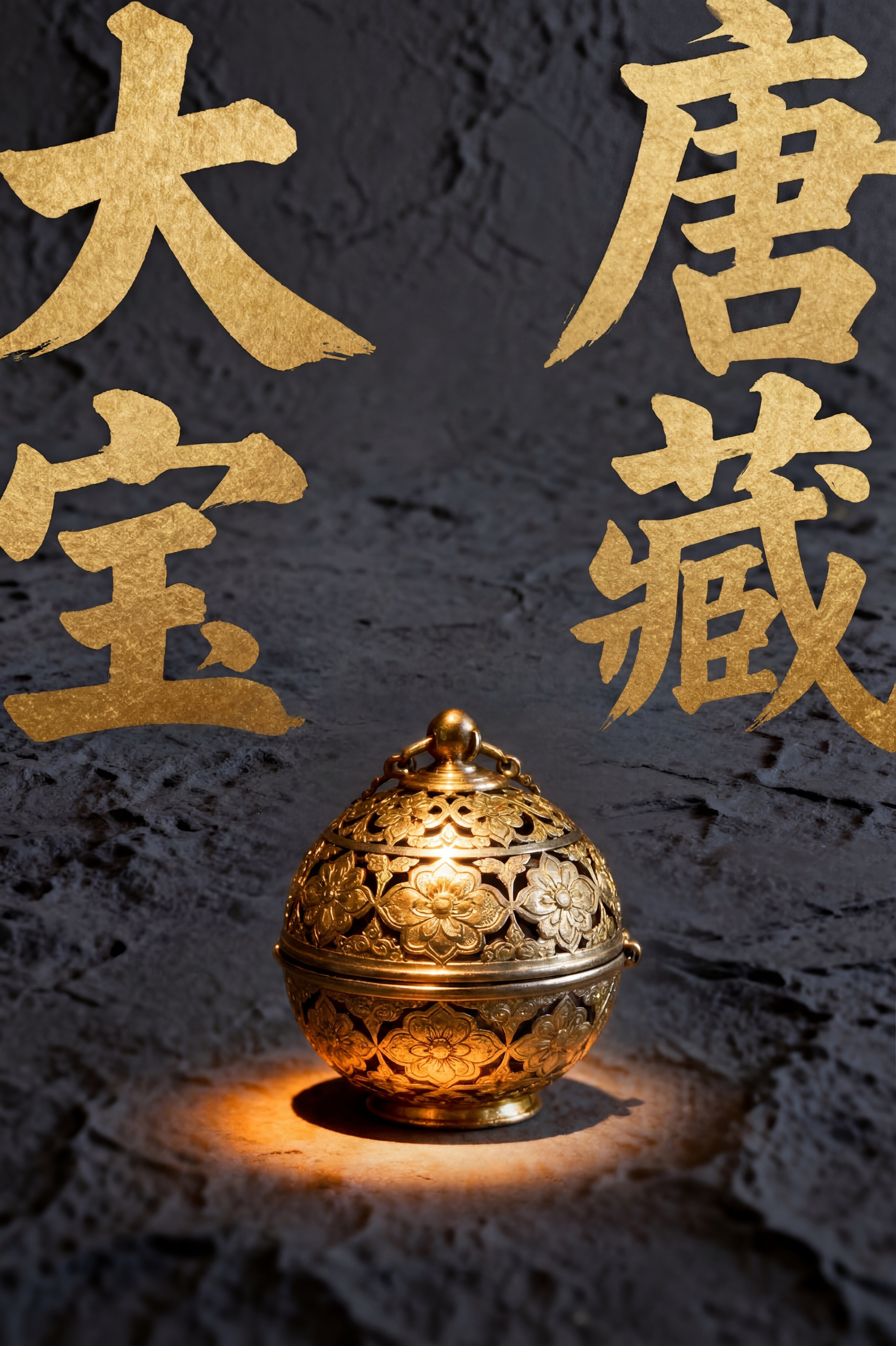将原图中的鎏金镂空香炉从画面中央移至下方三分之一处，背景仍为深… - 图片创意预览