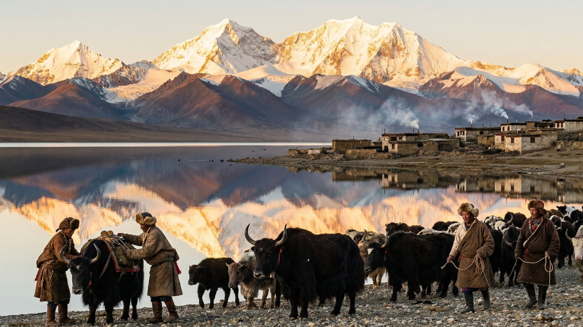在原图基础上添加藏族牧民和牦牛群，远处添加炊烟袅袅的藏式村落，增强生活气息，改为纪实摄影风格预览效果