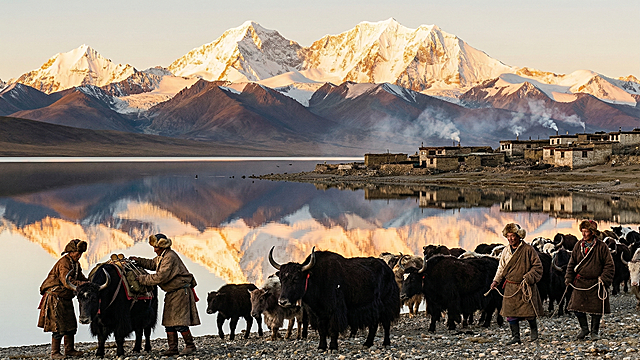 在原图基础上添加藏族牧民和牦牛群，远处添加炊烟袅袅的藏式村落，增强生活气息，改为纪实摄影风格