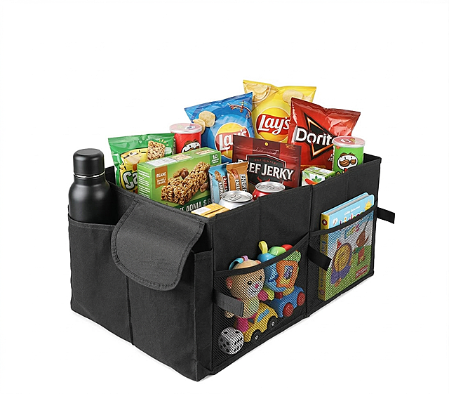 基于该黑色收纳箱，保持收纳箱造型，在收纳箱内部空间摆放各类零食，正面的前置口袋中放上保温杯，侧面的网格袋中摆放玩具和书籍，整体为纯白色背景的产品实拍图，画质清晰写实