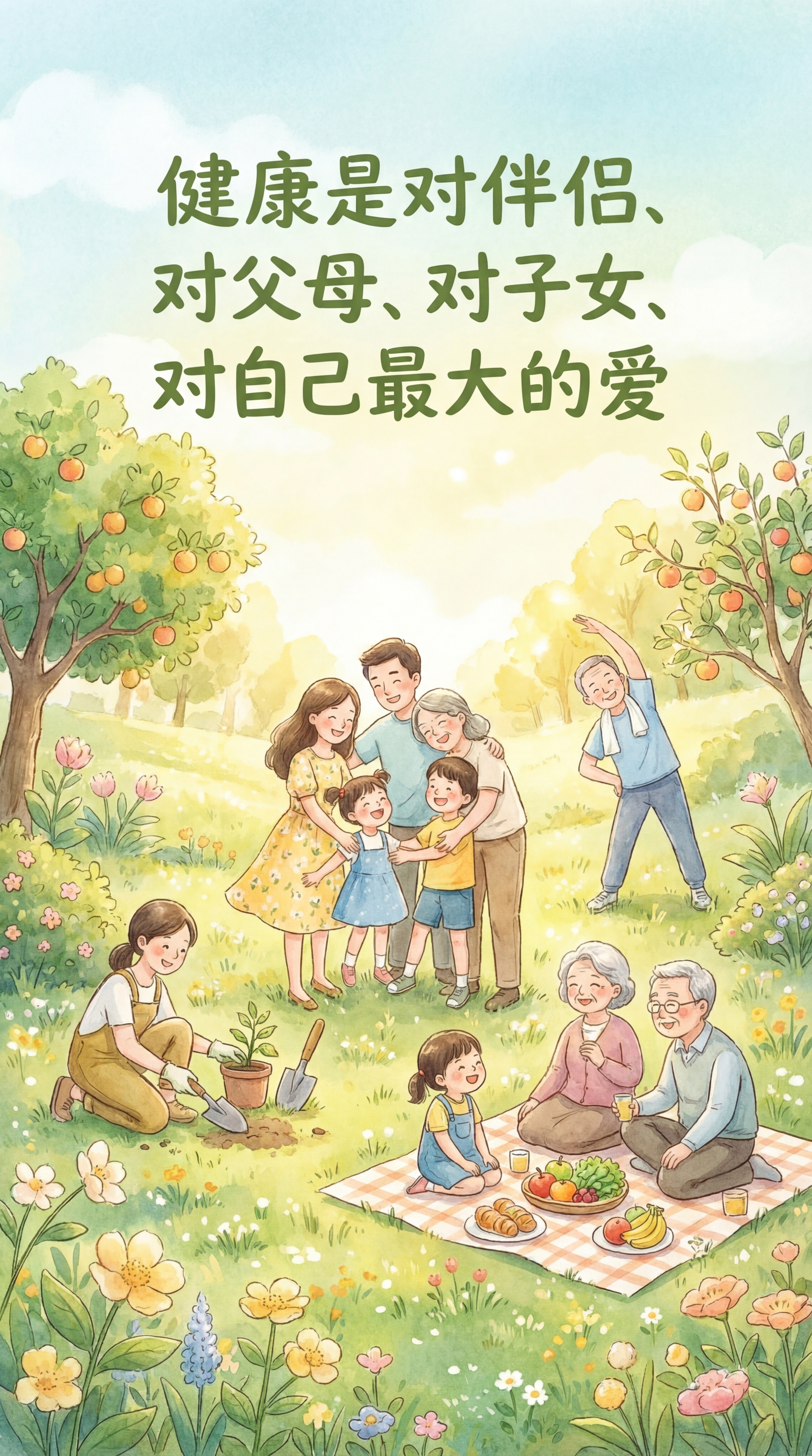 温暖治愈的健康主题宣传海报，画面中展现一家人温馨相伴的场景，配… - 图片创意预览