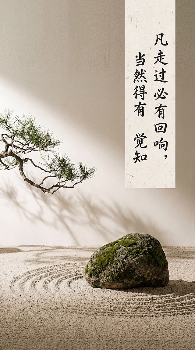 极简禅意风格，带有文案"凡走过必有回响，当然得有觉知"，宁静深远的意境，柔和光影，自然空灵氛围