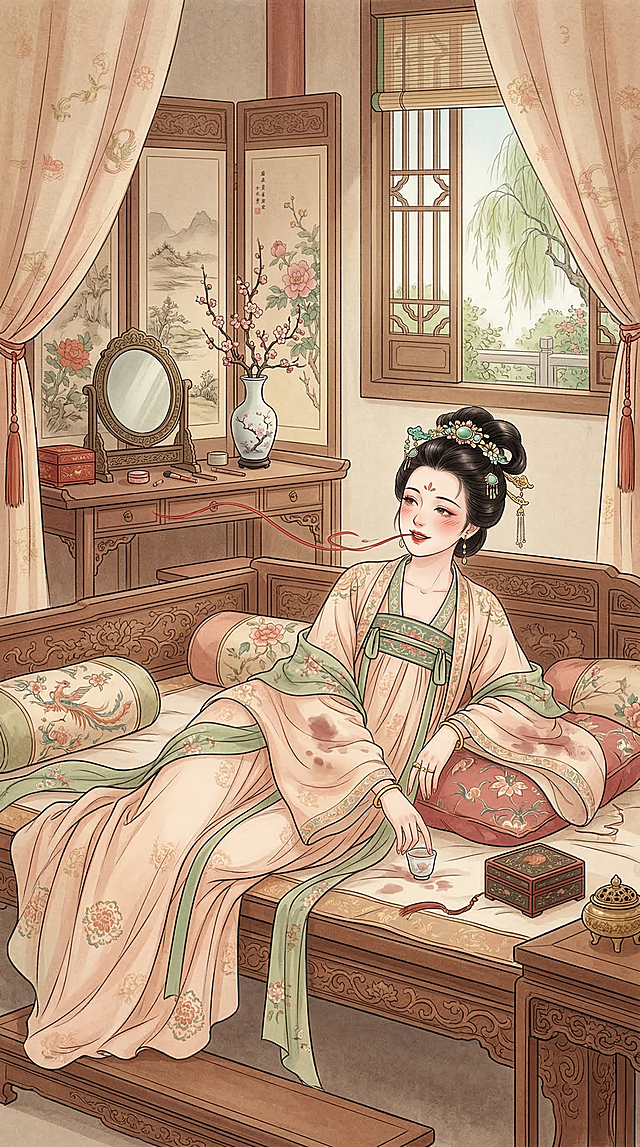 中国古风插画，还原李煜《一斛珠·晓妆初过》场景，娇俏的古代女子刚化好晓妆，唇上轻点沈檀色口脂，唱歌时微张樱桃小口，酒喝醉后罗袖沾了酒渍，斜靠在绣床上，嚼碎红绒线笑着向心上人吐去，整体画面柔美雅致，充满古典闺阁情趣，色调温婉