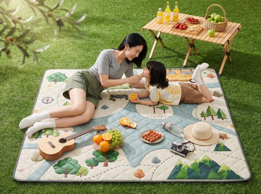 45°俯拍视角，户外草坪亲子野餐场景，阳光明媚的春日午后，背景为翠绿草地，左上角露出树枝，柔和自然光，无强烈阴影，营造春日温暖感。野餐垫为参考图中的卡通露营图案款式，横向铺满画面下半部分，占画面65%预览效果