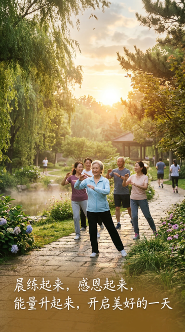 清晨户外晨练场景，静谧清新的公园，温暖朝阳洒下，整体氛围治愈温暖充满能量，配文"晨练起来，感恩起来，能量升起来，开启美好的一天"预览效果