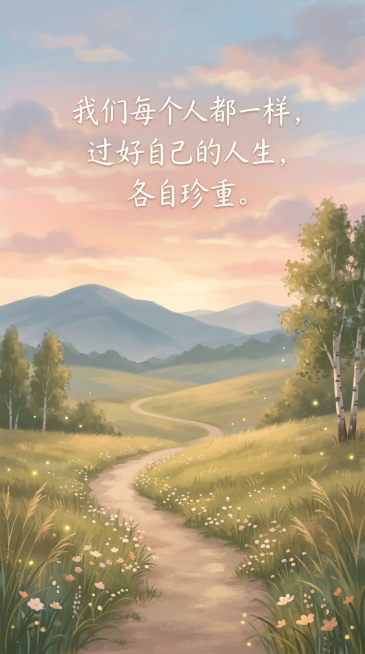 温暖治愈的风景画面，配文"我们每个人都一样，过好自己的人生，各自珍重。"，温柔朦胧的色调，治愈系风格预览效果