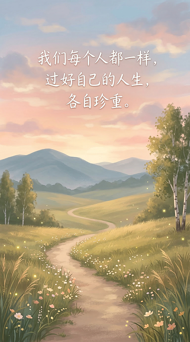 温暖治愈的风景画面，配文"我们每个人都一样，过好自己的人生，各自珍重。"，温柔朦胧的色调，治愈系风格