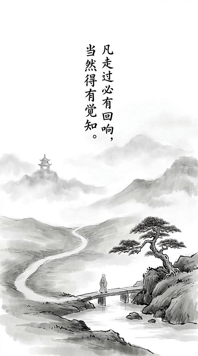 禅意意境画面，文字文案：凡走过必有回响，当然得有觉知。极简国风宁静悠远氛围，朦胧山水禅意风景，静谧悠远的治愈感，雅致留白