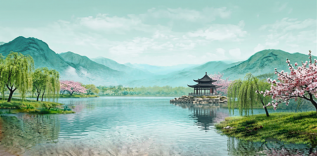 生成和参考图相近的高精度春日江南山水风景图，保留湖泊、古亭、桃树、柳树、远山元素，画质清晰细腻
