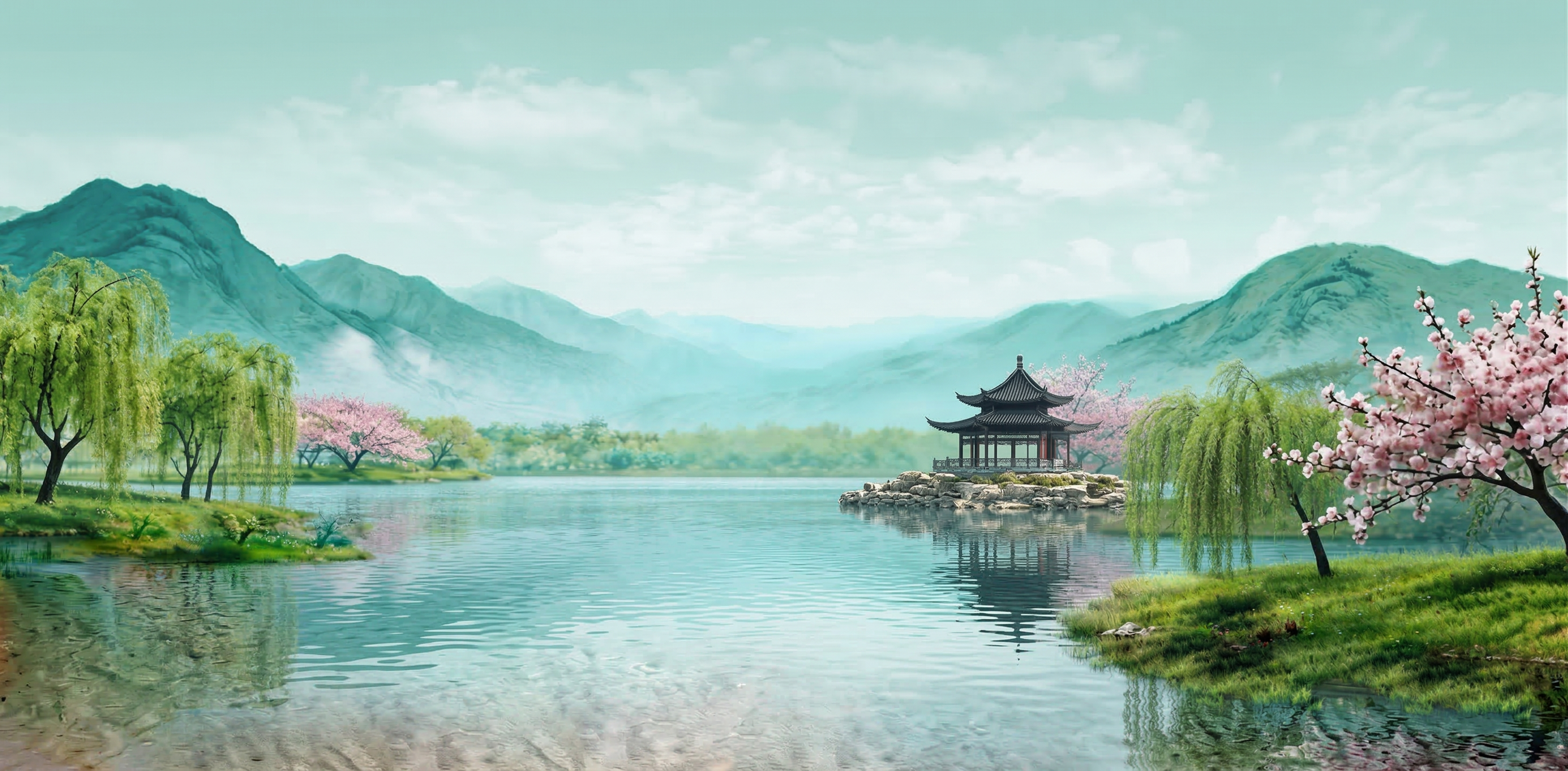 生成和参考图相近的高精度春日江南山水风景图，保留湖泊、古亭、桃… - 图片创意预览