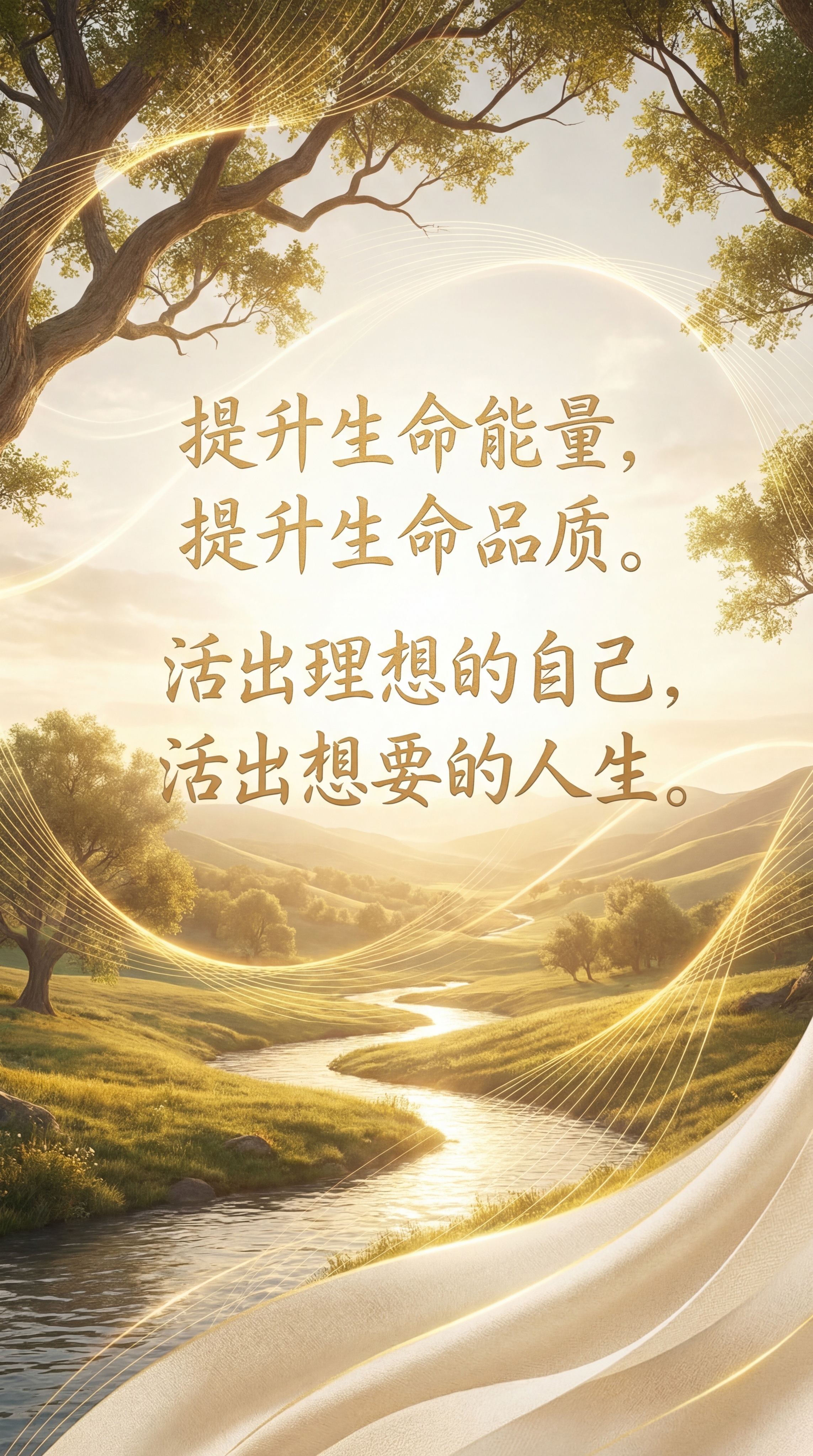治愈系正能量视觉海报，柔和温暖的自然光，流动的金色能量光线，优… - 图片创意预览