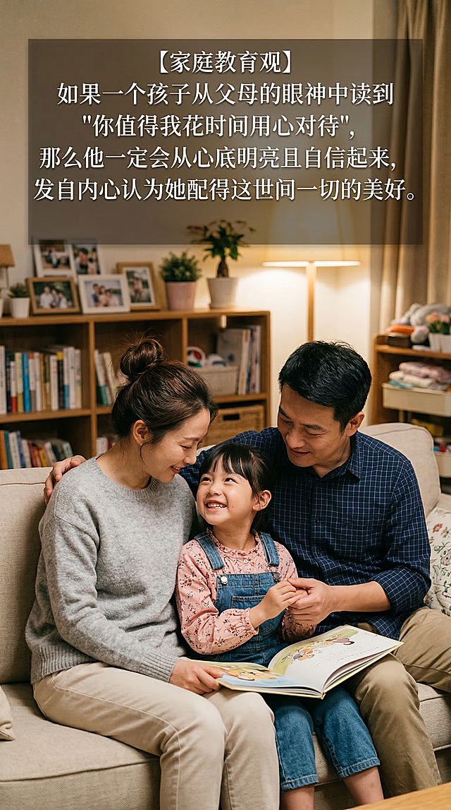 温暖的家庭客厅场景，中国父母和中国女孩互动，父母眼神温柔充满爱意，女孩脸上带着明亮自信的笑容，氛围温馨治愈，画面上有清晰正确的中文文字：【家庭教育观】如果一个孩子从父母的眼神中读到"你值得我花时间用心对待"，那么他一定会从心底明亮且自信起来，发自内心地认为她配得这世间一切的美好。