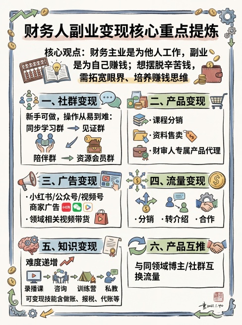 手绘风格竖版中文信息卡，主题为财务人副业变现核心重点提炼，核心观点：财务主业是为他人工作，副业是为自己赚钱；想摆脱辛苦钱，需拓宽眼界、培养赚钱思维。包含六大板块内容：一、社群变现（新手可做，操作从易到预览效果