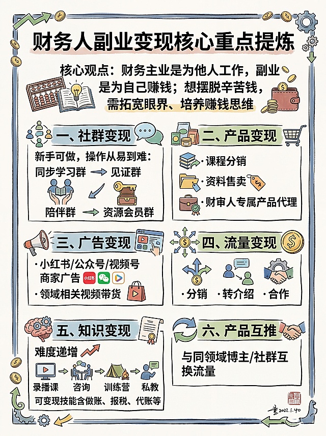 手绘风格竖版中文信息卡，主题为财务人副业变现核心重点提炼，核心观点：财务主业是为他人工作，副业是为自己赚钱；想摆脱辛苦钱，需拓宽眼界、培养赚钱思维。包含六大板块内容：一、社群变现（新手可做，操作从易到难：同步学习群、见证群、陪伴群、资源会员群）；二、产品变现（课程分销、资料售卖、财审人专属产品代理）；三、广告变现（小红书/公众号/视频号商家广告、领域相关视频带货）；四、流量变现（分销、转介绍、合作）；五、知识变现（难度递增：录播课→咨询→训练营→私教，可变现技能含做账、报税、代账等）；六、产品互推（与同领域博主/社群互换流量）。汉字为高优先级矢量图层，搭配视觉符号和简洁字体，视觉冲击力强，信息层级清晰，便于检索