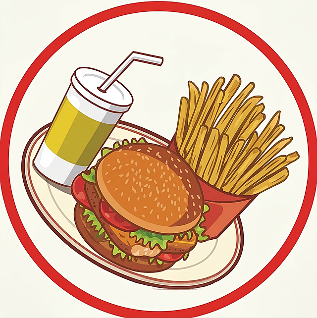 参考图中的汉堡薯条可乐套餐，正面视角不倾斜，保持卡通风格，高清画质，画面内容和参考图完全一致，红色圈的元素全部保留