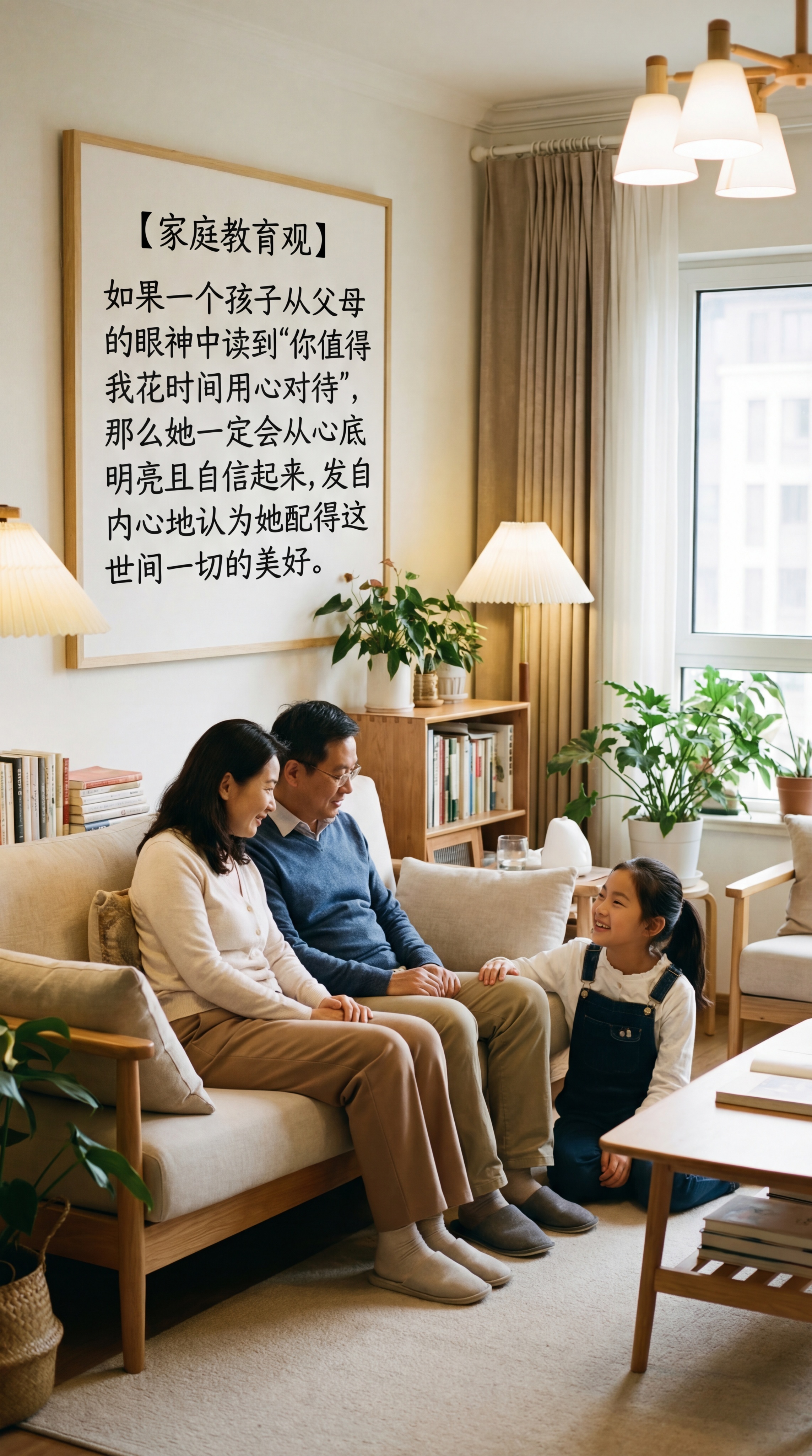 温暖的客厅场景，中国父母和中国女孩子，一家三口温馨对视，父母眼… - 图片创意预览