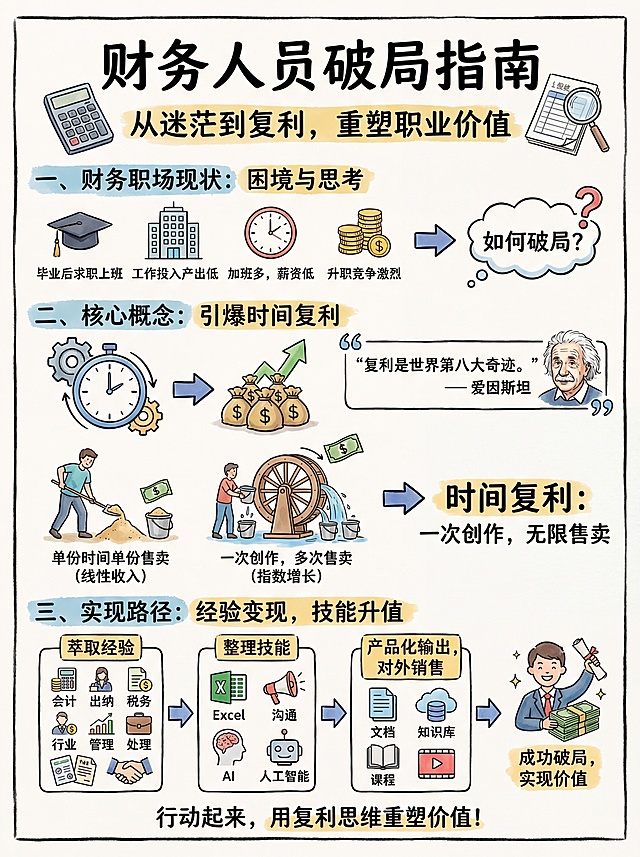 手绘风格竖版3:4中文信息卡，内容为财务人员破局指南：从毕业后求职上班，到工作投入产出低、加班多薪资低、升职竞争激烈，引导思考破局方法，引出时间复利概念，引用爱因斯坦名言，说明单份时间单份售卖的局限，讲解时间复利是一次创作多次售卖，给出实现路径为萃取会计、出纳、税务、行业、管理等经验，整理Excel、沟通、AI等技能，做成文档、知识库、课程对外销售。汉字为高优先级矢量图层，搭配财务相关视觉符号，使用简洁字体，排版清晰有逻辑，增强视觉冲击力和信息检索效率