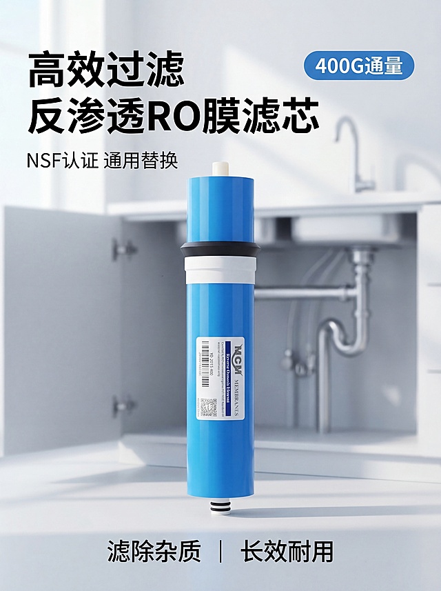 [垫图] https://gdesign-dam-hz.dancf.com/35850529046383738/df40402a3b024a12977f545fa22dff25.jpg
[主图主题] MCM反渗透RO膜滤芯首图
[氛围/风格] 简约大气家居净水场景，干净明亮，专业质感
[画面元素] 蓝色RO膜滤芯居中展示，背景为简洁的家用净水机安装环境，浅灰色调干净整洁，柔和自然光漫射，光影均匀清晰，产品主体占比60%，背景铺满全屏无边框
[配色色系] 主色调：产品蓝色；辅助色：浅灰背景，白色光影
[视角构图] 正面平视，景深适中，产品居中
[文字版式] 主标题 " 高效过滤 反渗透RO膜滤芯 "，副标题 " NSF认证 通用替换 "，右上角蓝色圆角标签 " 400G通量 "，底部双列卖点 " 滤除杂质 | 长效耐用 "，字体为无衬线体黑色，采用"场景+悬浮信息"布局，主标题在左上角，卖点标签在底部，整体构图平衡