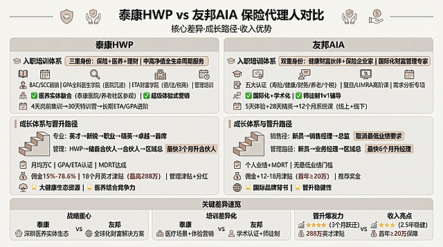 扁平化简洁风专业商务对比图表，低饱和度莫兰迪米白/浅灰底色，轻量化数据可视化，重点信息高亮。标题区：主标题“泰康HWP vs 友邦AIA 保险代理人对比”，副标题“核心差异·成长路径·收入优势”，底部细横线分隔，两侧配简约保险图标。分栏对比区：左栏泰康HWP，包含“入职培训体系”模块：文字框标注“三重身份：保险+医养+理财 | 中高净值全生命周期服务”，用书本+课程表图标引导列出课程“BAC/SCC顾销 | GPA全科医生学院（医院沉浸） | ETA财富学院（资/法/税商） | 管理培训”，用放大镜+医养社区图标标注特色“✅ 医养实体融合（泰康医院/养老社区参观） | ✅ 超级体验式营销”，用日历+时钟图标列时长“4天岗前集训→30天特训营→长期ETA/GPA进阶”；以及“成长体系与晋升路径”模块：用阶梯图可视化晋升双轨，专业线（英才→新锐→职业→精英→卓越→首席，箭头连接）、管理线（HWP→储备合伙人→合伙人→区域总，标注“最快3个月升合伙人”），用对勾清单图标列考核“月均万C | GPA/ETA认证 | MDRT达成”，用货币袋图标标收入“佣金15%-78.6% | 18个月英才津贴（最高288万） | 管理津贴+分红”，用大树+生态圈图标标优势“🌟 大健康生态资源 | 🌟 医养结合竞争力”。右栏友邦AIA，包含“入职培训体系”模块：文字框标注“双重身份：健康财富伙伴+保险企业家 | 国际化财富管理专家”，用学位帽+证书图标引导列出课程“五大认证（寿险/健康/财务/养老/个税） | 复旦/LIMRA高阶课 | 需求分析专项”，用师徒对话+线上课程图标标注特色“✅ 国际化+学术化 | ✅ 师徒制1v1辅导”，用日历+进度条图标列时长“5天体验+28天精英→12个月系统课（线上+线下）”；以及“成长体系与晋升路径”模块：用阶梯图可视化晋升双轨，销售线（新员→销售经理→总监，标“取消最低业绩要求”）、管理线（新员→业务经理→区域总，标注“最快6个月升经理”），用对勾清单图标列考核“个人业绩+MDRT | 无最低业绩门槛”，用货币袋图标标收入“佣金+12-18月津贴（首年≥20万） | 推荐奖金”，用地球+奖杯图标标优势“🌟 国际品牌背书 | 🌟 晋升稳健性”。底部关键差异总结区，标题“核心差异速览”，三栏对比：战略重心泰康“深耕医养实体生态”vs友邦“全球化财富解决方案”；培训差异化泰康“医疗场景+体验营销”vs友邦“学术认证+师徒制”；晋升爆发力泰康“⭐⭐⭐⭐（3个月跃迁）”vs友邦“⭐⭐⭐（2.5年稳健）”；收入亮点泰康“288万英才津贴”vs友邦“首年≥20万保障”
