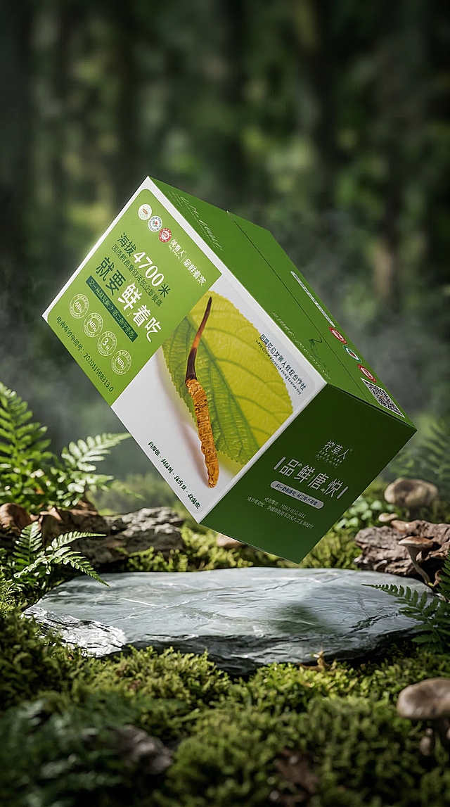 主体是图中的冬虫夏草产品包装盒，产品倾斜悬浮放置，替换为更贴近自然的场景，保留原要求：中心聚焦构图，产品居中，辅以局部高光突出产品标签与材质细节，配色以深绿、浅灰为主，营造自然健康的视觉感受，整体呈现专业高端的保健品质感，分辨率为350像素