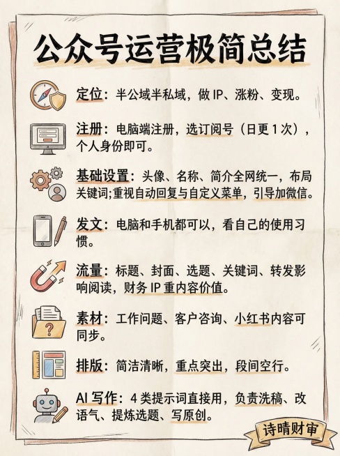 手绘风格竖版中文信息卡，标题为：公众号运营极简总结。内容排版：
定位：半公域半私域，做 IP、涨粉、变现。
注册：电脑端注册，选订阅号（日更 1 次），个人身份即可。
基础设置：头像、名称、简介全网统预览效果
