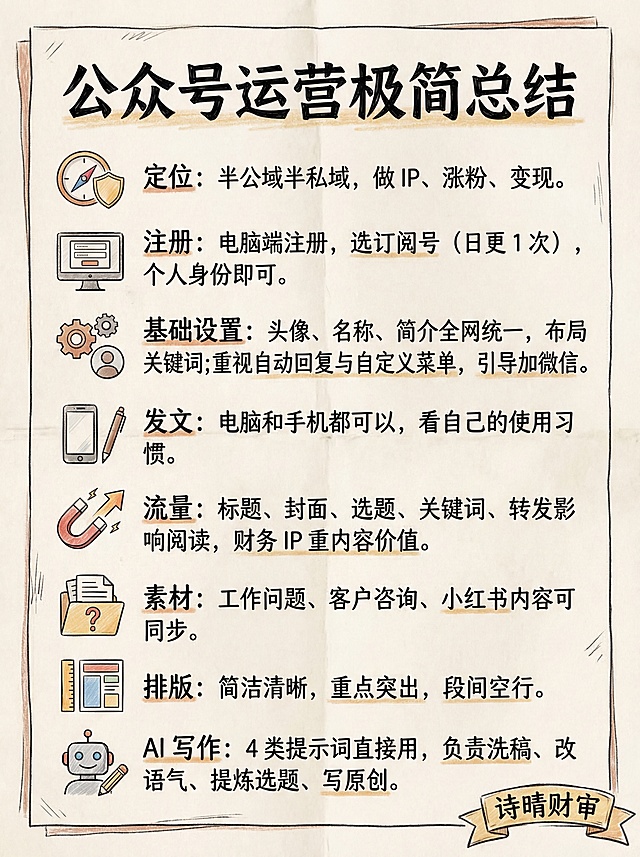 手绘风格竖版中文信息卡，标题为：公众号运营极简总结。内容排版：
定位：半公域半私域，做 IP、涨粉、变现。
注册：电脑端注册，选订阅号（日更 1 次），个人身份即可。
基础设置：头像、名称、简介全网统一，布局关键词；重视自动回复与自定义菜单，引导加微信。
发文：电脑和手机都可以，看自己的使用习惯。
流量：标题、封面、选题、关键词、转发影响阅读，财务 IP 重内容价值。
素材：工作问题、客户咨询、小红书内容可同步。
排版：简洁清晰，重点突出，段间空行。
AI 写作：4 类提示词直接用，负责洗稿、改语气、提炼选题、写原创。
图片右下角加上文字：诗晴财审
整体风格为手绘，搭配视觉符号和简洁的字体，汉字为高优先级矢量图层，增强视觉冲击力和信息检索效率。