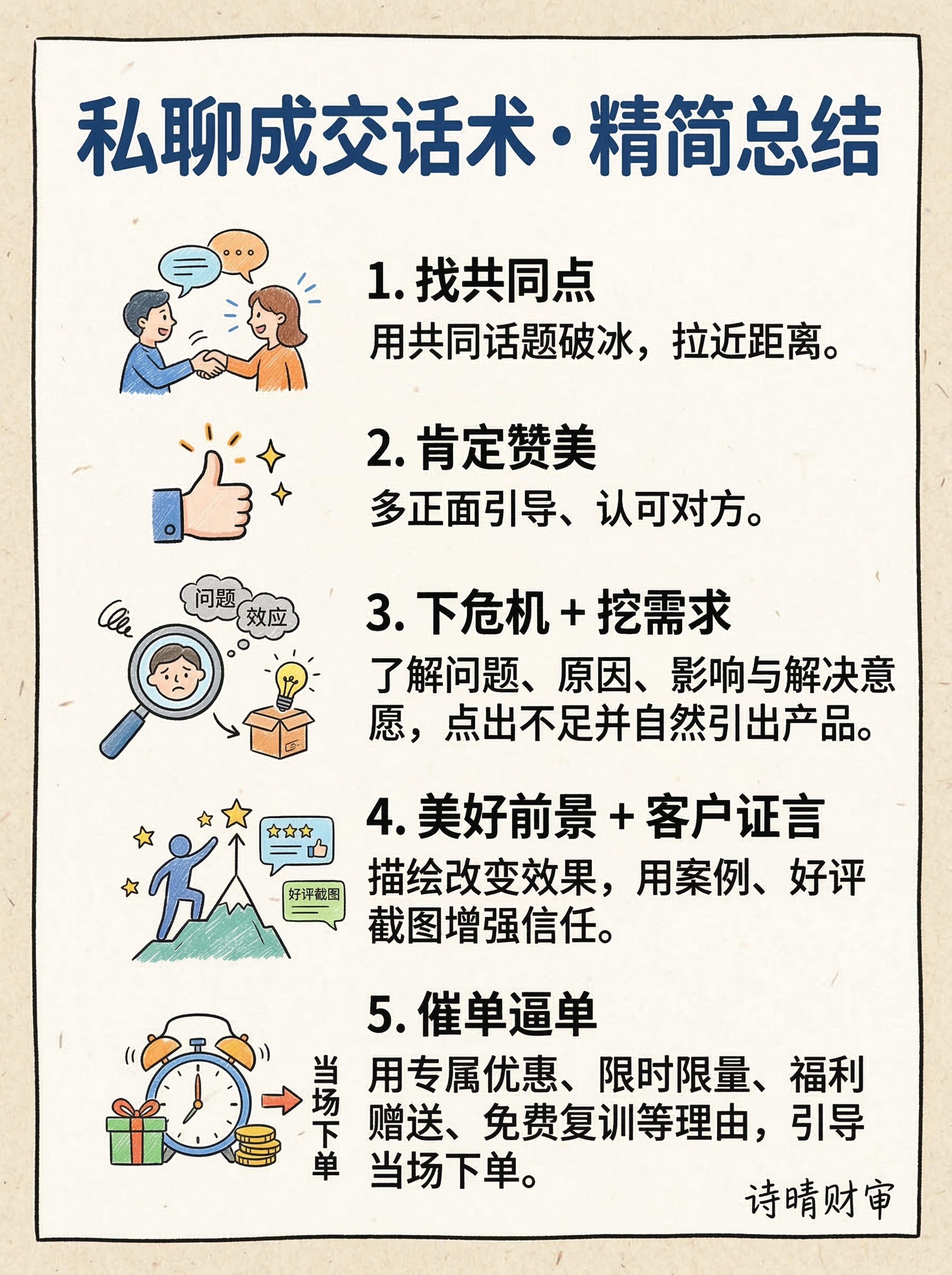 手绘风格竖版中文信息卡，标题为：私聊成交话术・精简总结。内容排… - 图片创意预览