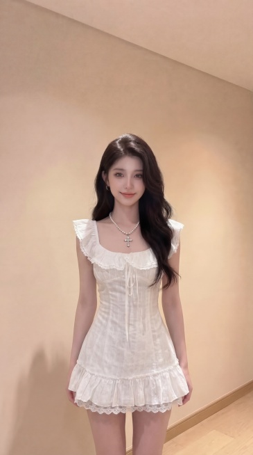 将图2人物的穿搭替换为图1的白色方领蕾丝荷叶边小飞袖连衣裙，搭配同款珍珠十字架项链，人物不拿包，保持苗条身材和自然表情；背景更换为浅米黄色哑光室内墙面，左上角可见天花板与墙面分界，暖黄灯光渐变带自然影预览效果