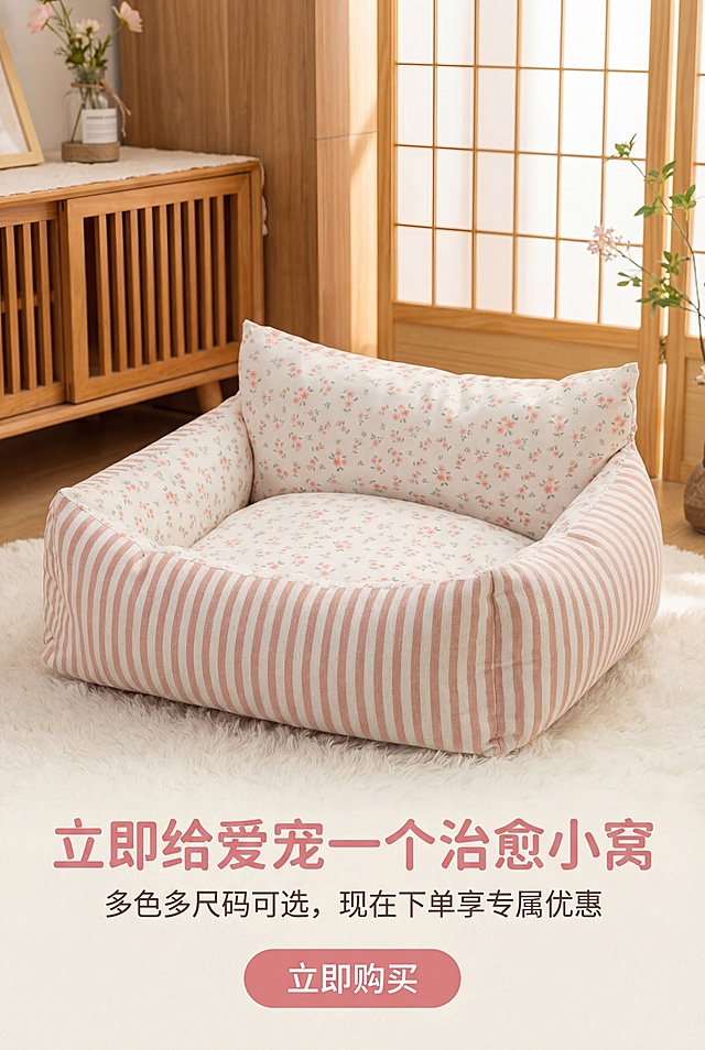 严格还原上传的嬉引力宠物窝产品图，包括包装设计、颜色、图案元素等所有细节，产品尺寸比例 1:1，展示粉色款宠物窝全景置于温馨日系家居场景，主标题："立即给爱宠一个治愈小窝"，副标题："多色多尺码可选，现在下单享专属优惠"，文字采用柔和无衬线字体，主标题为浅粉色，副标题为米白色，排版在画面底部居中，醒目"立即购买"按钮置于画面最底部，产品居中展示，整体风格轻奢萌系温馨居家，画面高清细腻，光影柔和，突出下单引导的紧迫感与吸引力，禁止出现模糊、像素化、产品变形、颜色失真、风格杂乱、文字排版混乱、无关元素、按钮不清晰、场景割裂、光影过强或过暗、产品细节丢失