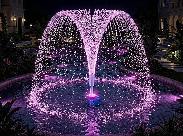 超写实3D渲染风格，夜晚场景，美国别墅豪宅高端庭院内，一个超大型不规则形状、边缘过渡自然的漂亮池塘，池塘面积极大。产品主体被水淹没，只有最顶端的半透磨砂喷头露出水面，从产品最上端的喷头一股水柱喷涌而起，随后在空中散开，形成一个完美的、散型的水花幕布，所有水珠晶莹剔透，水幕落在水面激起水花。产品喷泉发出明亮耀眼的粉紫色光，喷泉在池塘中占比稍大，高饱和度色彩。