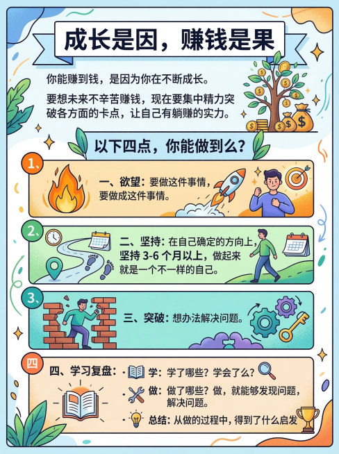 手绘风格竖版中文信息卡，排版清晰有层次，核心文案："成长是因，赚钱是果。你能赚到钱，是因为你在不断成长。要想未来不辛苦赚钱，现在要集中精力突破各方面的卡点，让自己有躺赚的实力。以下四点，你能做到么？一预览效果
