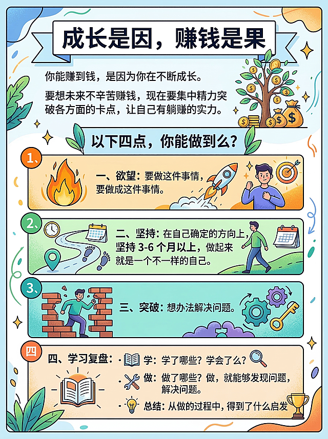 手绘风格竖版中文信息卡，排版清晰有层次，核心文案："成长是因，赚钱是果。你能赚到钱，是因为你在不断成长。要想未来不辛苦赚钱，现在要集中精力突破各方面的卡点，让自己有躺赚的实力。以下四点，你能做到么？一、欲望：要做这件事情，要做成这件事情。二、坚持：在自己确定的方向上，坚持3-6个月以上，做起来就是一个不一样的自己。三、突破：想办法解决问题。四、学习复盘：- 学：学了哪些？学会了么？- 做：做了哪些？做，就能够发现问题，解决问题。- 总结：从做的过程中，得到了什么启发"，搭配简约手绘视觉符号，使用简洁易读的字体，汉字为高优先级矢量图层，整体风格清新有活力，视觉冲击力强，方便信息检索