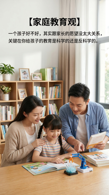 家庭教育宣传图，画面中包含中国父母和中国女孩子，图片上带有清晰正确的中文文字：【家庭教育观】一个孩子好不好，其实跟家长的愿望没太大关系，关键在你给孩子的教育是科学的还是反科学的。预览效果