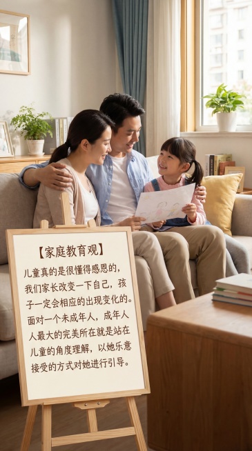 一张温暖的家庭教育主题宣传图，画面中有中国父母和中国女孩子，图片上清晰书写着正确的中文文字：【家庭教育观】儿童真的是很懂得感恩的，我们家长改变一下自己，孩子一定会相应的出现变化的。面对一个未成年人，成预览效果