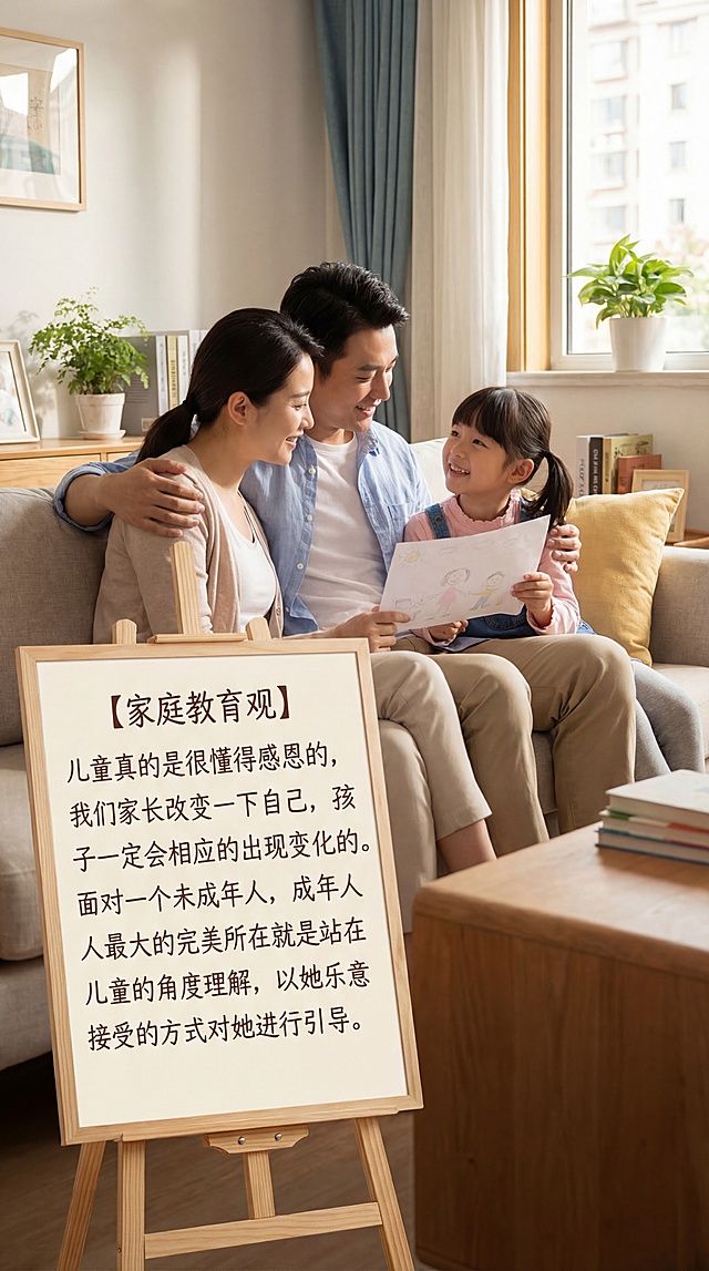 一张温暖的家庭教育主题宣传图，画面中有中国父母和中国女孩子，图片上清晰书写着正确的中文文字：【家庭教育观】儿童真的是很懂得感恩的，我们家长改变一下自己，孩子一定会相应的出现变化的。面对一个未成年人，成年人最大的完美所在就是站在儿童的角度理解，以她乐意接受的方式对她进行引导。氛围温馨治愈，写实风格