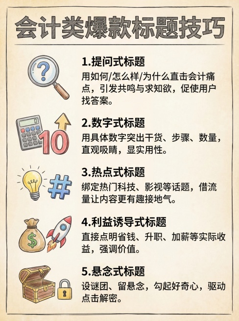 手绘风格竖版中文信息卡，内容为会计类爆款标题技巧：1.提问式标题：用如何/怎么样/为什么直击会计痛点，引发共鸣与求知欲，促使用户找答案。2.数字式标题：用具体数字突出干货、步骤、数量，直观吸睛，显实用预览效果