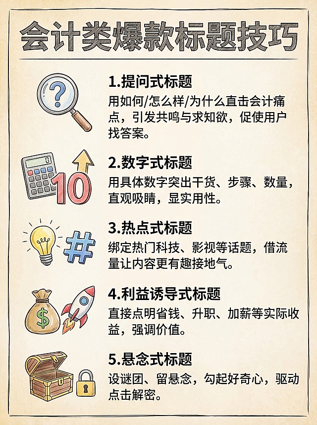 手绘风格竖版中文信息卡，内容为会计类爆款标题技巧：1.提问式标题：用如何/怎么样/为什么直击会计痛点，引发共鸣与求知欲，促使用户找答案。2.数字式标题：用具体数字突出干货、步骤、数量，直观吸睛，显实用性。3.热点式标题：绑定热门科技、影视等话题，借流量让内容更有趣接地气。4.利益诱导式标题：直接点明省钱、升职、加薪等实际收益，强调价值。5.悬念式标题：设谜团、留悬念，勾起好奇心，驱动点击解密。汉字为高优先级矢量图层，搭配对应视觉符号，使用简洁字体，排版清晰，增强视觉冲击力和信息检索效率