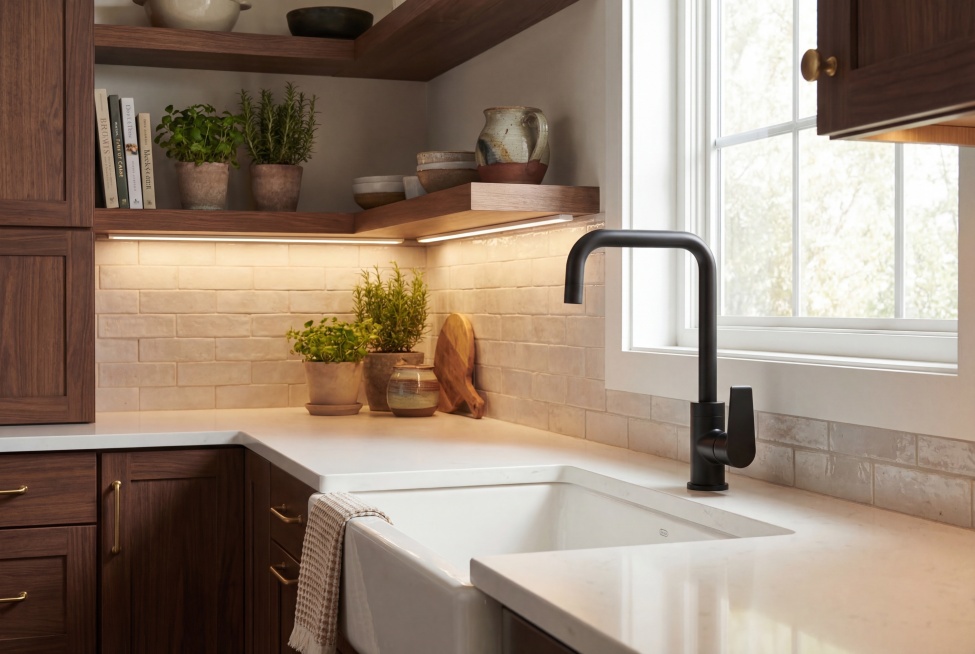 哑黑色厨房水龙头，从右侧视角拍摄，放置在漂亮温馨的现代厨房场景中预览效果