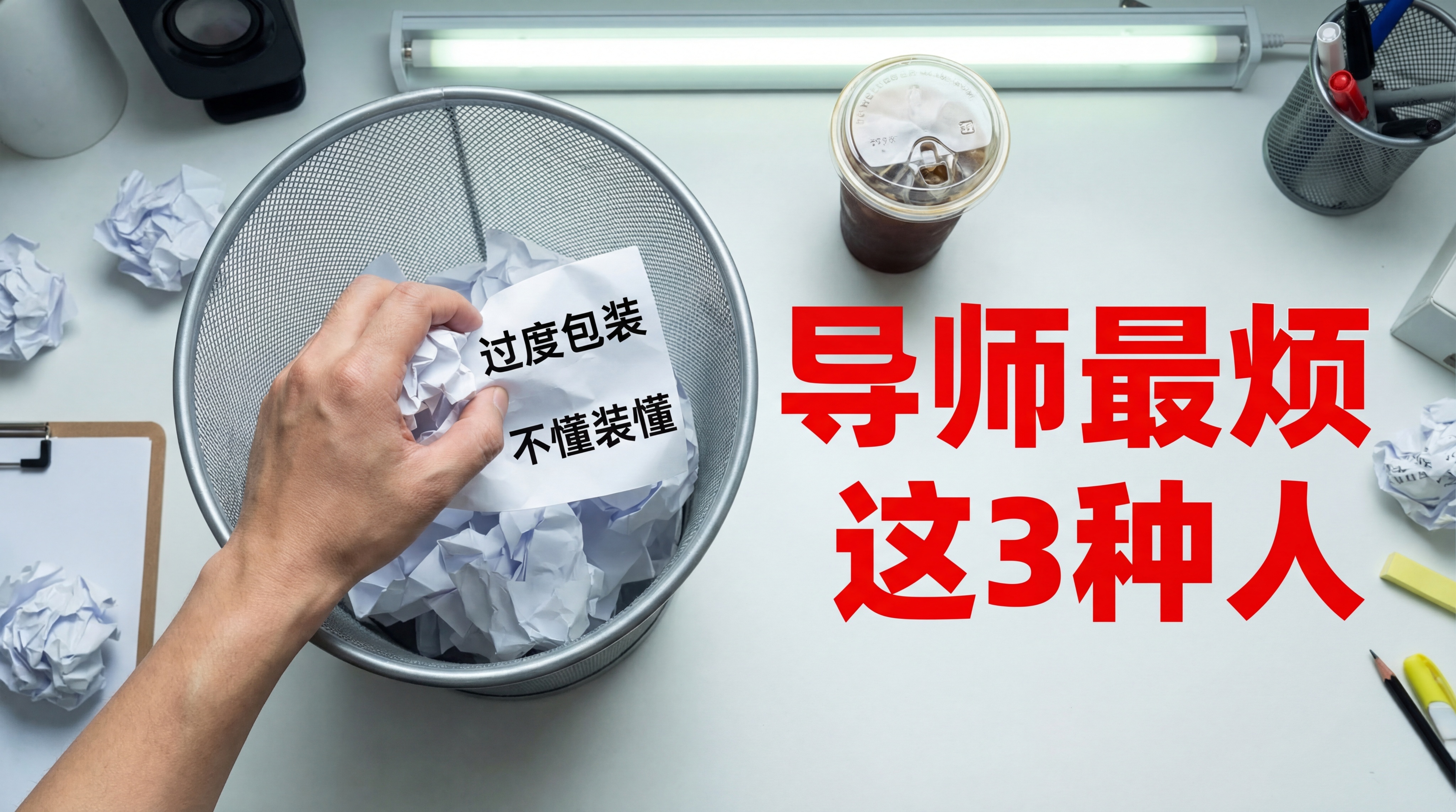 俯视视角。一个金属的垃圾纸篓。一只手代表导师，正把一份写着“过… - 图片创意预览