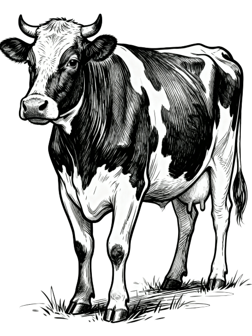 线描手绘风格，一头奶牛侧着身子往前看，线条清晰明显，纯线描轮廓，矢量风格，画面干净简洁预览效果