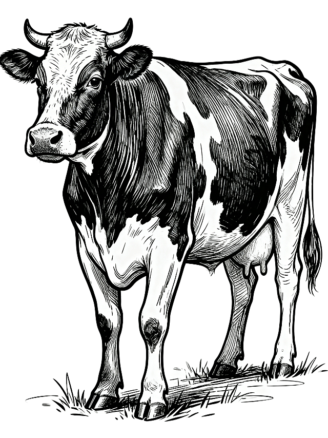 线描手绘风格，一头奶牛侧着身子往前看，线条清晰明显，纯线描轮廓，矢量风格，画面干净简洁