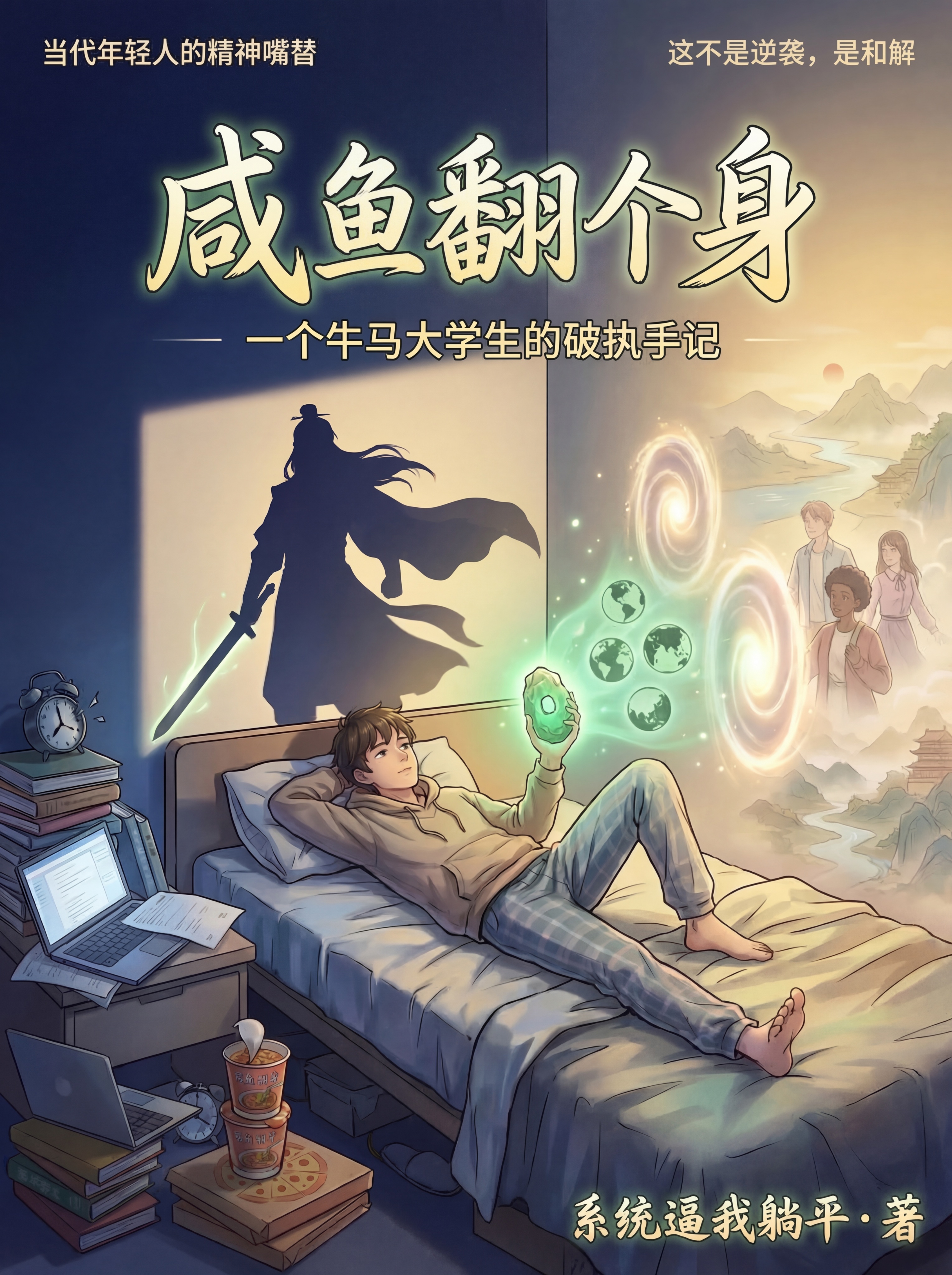 在这张小说封面的底部空白位置，添加作者署名文字"系统逼我躺平·… - 图片创意预览