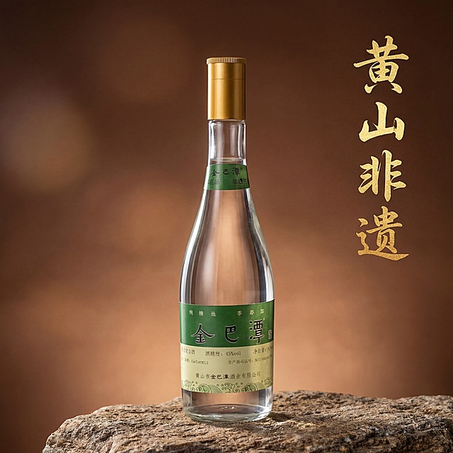 一瓶金巴潭53度白酒，保持瓶身原有文字和Logo原样，保持主体物理结构不变，强制保留透明玻璃瓶身、金色瓶盖、绿底黑字标签。透明玻璃瓶身，金色瓶盖，酒液清澈，瓶身反光自然，放置在粗糙的岩石台面上，背景为渐变暖棕色，右侧竖排金色书法字体“黄山非遗”。新中式东方禅意风格，自然侧光，经典侧逆光勾勒轮廓，柔光补光照亮暗部，低饱和度暖棕色调，构图居中，三分法视觉重心，浅景深背景虚化，商业摄影，影棚布光，质感通透，高级感，8K高清，电商主图风格。西方面孔、金发、深眼窝、雀斑、杂乱房间、死黑阴影、硬光、乡村风、多余的盖子、缺失的部件、悬浮的物体、变形的手柄、摄影灯、柔光箱、三脚架、水印、文字、昏暗光线、畸变透视、比例失调、瓶身扭曲、Logo变形、内部液化