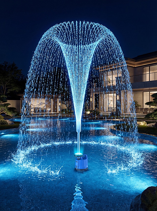 超写实3D渲染风格，夜晚场景，美国现代别墅建筑高端庭院内，一个超大型不规则形状、边缘过渡自然的漂亮大池塘，池塘面积非常大。蓝色水泵喷泉产品主体被水淹没，只有最顶端的半透磨砂喷头露出水面，从产品最上端的喷头一股水柱喷涌而起，随后在空中散开，形成一个完美的散型水花幕布，所有水珠晶莹剔透，完美规整的散型水花幕布，水柱落在水面上激起漂亮的水花。产品喷泉发出耀眼明亮的荧光蓝色的光，喷泉在池塘中的比例更大一些，高饱和度光影，保持主体物理结构不变，强制保留蓝色水泵主体和透明喷头结构，C4D渲染，OC光追，商业高调摄影，4K超清画质