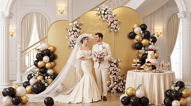 生成一场黑金轻奢风的高端生日派对，以经典的黑、金为主色调，搭配温柔的粉白花艺，在华丽典雅的欧式古典建筑空间里，营造出高级、精致又充满仪式感的庆祝氛围。三块弧形金色金属质感弧形背景布错落拼接，线条流畅大气，奠定了沉稳高级的基调，背景布样式参考上传图片。中间背景板印有金色花体字："Happy WEdding"，下方搭配小号英文与装饰花纹。左右两侧及地面散落着黑金白三色小号MINI气球，稀疏错落摆放：金、黑、珠光白三种质感碰撞，大小错落排列，部分气球带有金属光泽，提升了奢华感；气球与花艺、绿植自然衔接，形成对称又富有层次的视觉效果，强化了派对的热闹氛围。右侧是一张铺有米金色丝绸桌布的矮小圆形小主桌，摆放着多层主蛋糕、纸杯蛋糕、马卡龙、曲奇等精致甜品；主蛋糕为奶油白 + 金色点缀的款式，顶部有红色装饰，简约大气。周围地面环绕着多个小型MINI金色高脚甜品架，分层陈列着纸杯蛋糕、棒棒糖蛋糕、小点心等，丰富了视觉层次，方便宾客取用。甜品台还搭配了高脚杯、果酱罐等细节，整体精致有序，尽显品质感。场景位于欧式古典风格的室内空间：白色雕花立柱、金色楼梯扶手、拱形窗与米色帷幔，尽显奢华大气。暖光壁灯与自然光结合，光线柔和明亮，让黑金配色更显高级，没有压抑感。整体布局对称规整，从背景到甜品台再到气球花艺，都体现出精心策划的仪式感，适合成人高端生日宴或纪念庆典。远景大场景。背景布前面中央站着一对外国新郎新娘。新娘身着米白色鱼尾婚纱，露肩设计凸显优雅曲线，搭配超长拖尾头纱与夸张的白色礼帽造型，珍珠项链点缀，尽显复古优雅。新郎穿着米白色西装，搭配粉色领结与胸花，与新娘的婚纱色调呼应，整体干净利落。两人手持同色系粉白手捧花，对视微笑，传递出幸福甜蜜的氛围。画面唯美浪漫，梦幻。