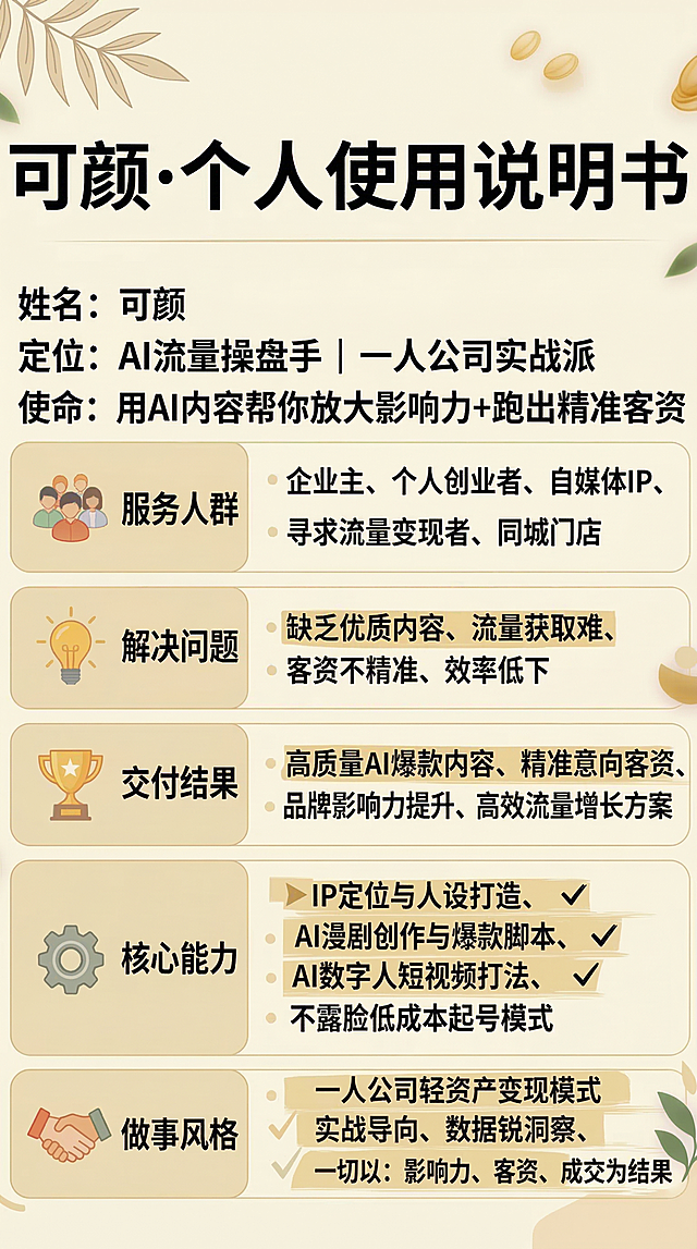 基于图1更新文字内容：将‘不露脸低成本域模式’修正为‘不露脸低成本起号模式’；将‘实体门店’改为‘同城门店’；在‘核心能力’中补充完整4项：IP定位与人设打造、AI漫剧创作与爆款脚本、AI数字人短视频打法、不露脸低成本起号模式；‘做事风格’末句统一为‘一切以：影响力、客资、成交为结果’。保持极简干净风格，暖米色背景，黑色平色无阴影文字，板块圆角浅棕框分隔，4K高清竖版