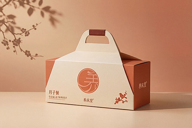 精修这张月子餐包装盒产品图，优化场景背景，让背景渐变更自然高级，调整梅花树枝影子更精致高级，提升包装整体质感，超清画质，细节锐化，商业棚拍光影，保留原构图和产品包装设计内容不变，只优化背景光影和整体画质