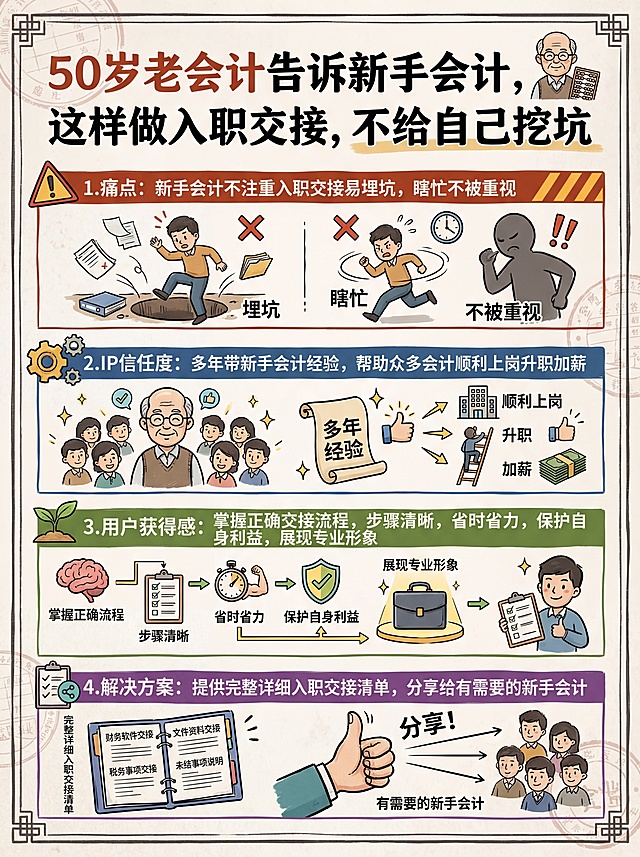 手绘风格竖版中文信息卡，3:4比例，4K高清打印级，汉字为高优先级矢量图层，搭配简洁字体与视觉符号，增强视觉冲击力与信息检索效率。主题为会计入职交接内容框架：标题是"50岁老会计告诉新手会计，这样做入职交接，不给自己挖坑"，分四个模块：1.痛点：新手会计不注重入职交接易埋坑，瞎忙不被重视；2.IP信任度：多年带新手会计经验，帮助众多会计顺利上岗升职加薪；3.用户获得感：掌握正确交接流程，步骤清晰，省时省力，保护自身利益，展现专业形象；4.解决方案：提供完整详细入职交接清单，分享给有需要的新手会计